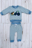 Farm & horse patch blue stripes long sleeve top & pant 2pc boy's set 2601019M