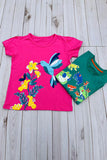 Bird & floral printed fuchsia puff short sleeve girls t-shirt 2601023M