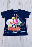Cartoon pirate sailing printed navy blue short sleeve boy t-shirt 2601026M A15S3