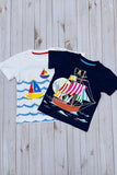 Cartoon pirate sailing printed navy blue short sleeve boy t-shirt 2601026M A15S2