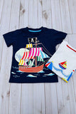 Cartoon pirate sailing printed navy blue short sleeve boy t-shirt 2601026M A15S3