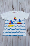 Sailboats & blue ocean waves print white short sleeve boy t-shirt 2601029M A15S3