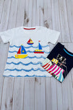 Sailboats & blue ocean waves print white short sleeve boy t-shirt 2601029M A15S3