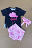 LET'S GO GIRLS Black top & pink shorts 3pc baby set/headband 2601057M