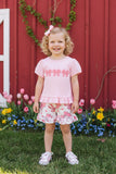 Cute pink bow patch short sleeve top & shorts 2pc girls set 2601058M A8S1