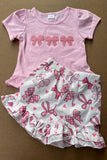 Cute pink bow patch short sleeve top & shorts 2pc girls set 2601058M A8S1