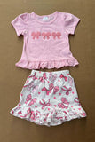 Cute pink bow patch short sleeve top & shorts 2pc girls set 2601058M A8S1