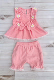 Western chic pink waffle ruffled top & shorts 2pc girls boutique set 2601061M