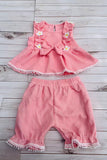 Western chic pink waffle ruffled top & shorts 2pc girls boutique set 2601061M