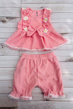 Western chic pink waffle ruffled top & shorts 2pc girls boutique set 2601061M