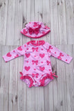 Western pink bow print long sleeve girls boutique swimsuit w/hat 2601063M