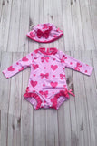 Western pink bow print long sleeve girls boutique swimsuit w/hat 2601063M
