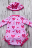Western pink bow print long sleeve girls boutique swimsuit w/hat 2601063M