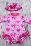 Western pink bow print long sleeve girls boutique swimsuit w/hat 2601063M