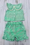 Chic green plaid top & ruffle shorts girls boutique set 2601067M