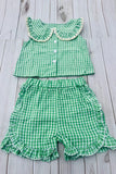 Chic green plaid top & ruffle shorts girls boutique set 2601067M