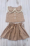 Trendy brown plaid top & skirt girls boutique set 2601068M