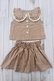 Trendy brown plaid top & skirt girls boutique set 2601068M