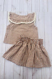 Trendy brown plaid top & skirt girls boutique set 2601068M