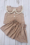 Trendy brown plaid top & skirt girls boutique set 2601068M