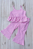 Trendy pink plaid top & bell bottom baby girls boutique set 2601072M