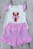 Trendy lobster embroidery top & ruffle shorts girls boutique set 2601073M