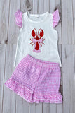 Trendy lobster embroidery top & ruffle shorts girls boutique set 2601073M
