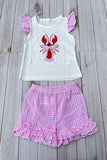 Trendy lobster embroidery top & ruffle shorts girls boutique set 2601073M