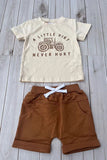 Western tractor print cream top & brown shorts 2pc boy's boutique set 2601076M