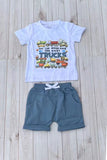Western TRUCKS print white top & blue shorts 2pc boy's boutique set 2601078M