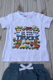 Western TRUCKS print white top & blue shorts 2pc boy's boutique set 2601078M
