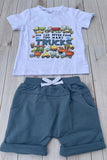 Western TRUCKS print white top & blue shorts 2pc boy's boutique set 2601078M