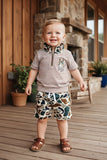 Western dog embroidery stripe top & camo shorts 2pc boy's boutique set 2601082M