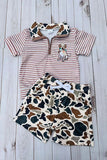Western dog embroidery stripe top & camo shorts 2pc boy's boutique set 2601082M