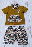 Western deer embroidery top & camo shorts 2pc boy's boutique set 2601083M