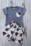 Western ranch grey top & cows print shorts 2pc boy's boutique set 2601086M