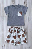 Western ranch grey top & cows print shorts 2pc boy's boutique set 2601086M