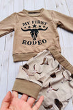 Western "MY FIRST RODEO" brown sweatshirt & pant boy's boutique set 2601108M 12S3