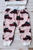 Christmas & truck tree print pink long sleeve sweatshirt & pant girls boutique set 2601110M 8S7
