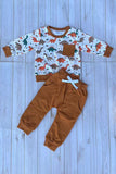 Western dinosaur print top & brown pant 2pc boy's boutique set 2601115M