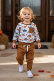 Western dinosaur print top & brown pant 2pc boy's boutique set 2601115M