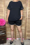 Clearance--Southern Stitch Pearls black short sleeve top & shorts 2pc women set XCH17174