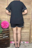 Clearance--Southern Stitch Pearls black short sleeve top & shorts 2pc women set XCH17174