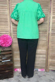 Southern Stitch Green embroidery puff short sleeves women blouse XCH16815