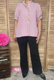Southern Stitch Striped puff short sleeve ruffles front women top XCH16896 FS2