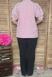Southern Stitch Striped puff short sleeve ruffles front women top XCH16896 FS2