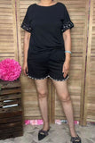 Clearance--Southern Stitch Pearls black short sleeve top & shorts 2pc women set XCH17174