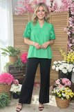 Southern Stitch Green embroidery puff short sleeves women blouse XCH16815