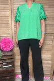 Southern Stitch Green embroidery puff short sleeves women blouse XCH16815