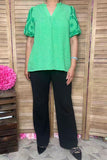 Southern Stitch Green embroidery puff short sleeves women blouse XCH16815